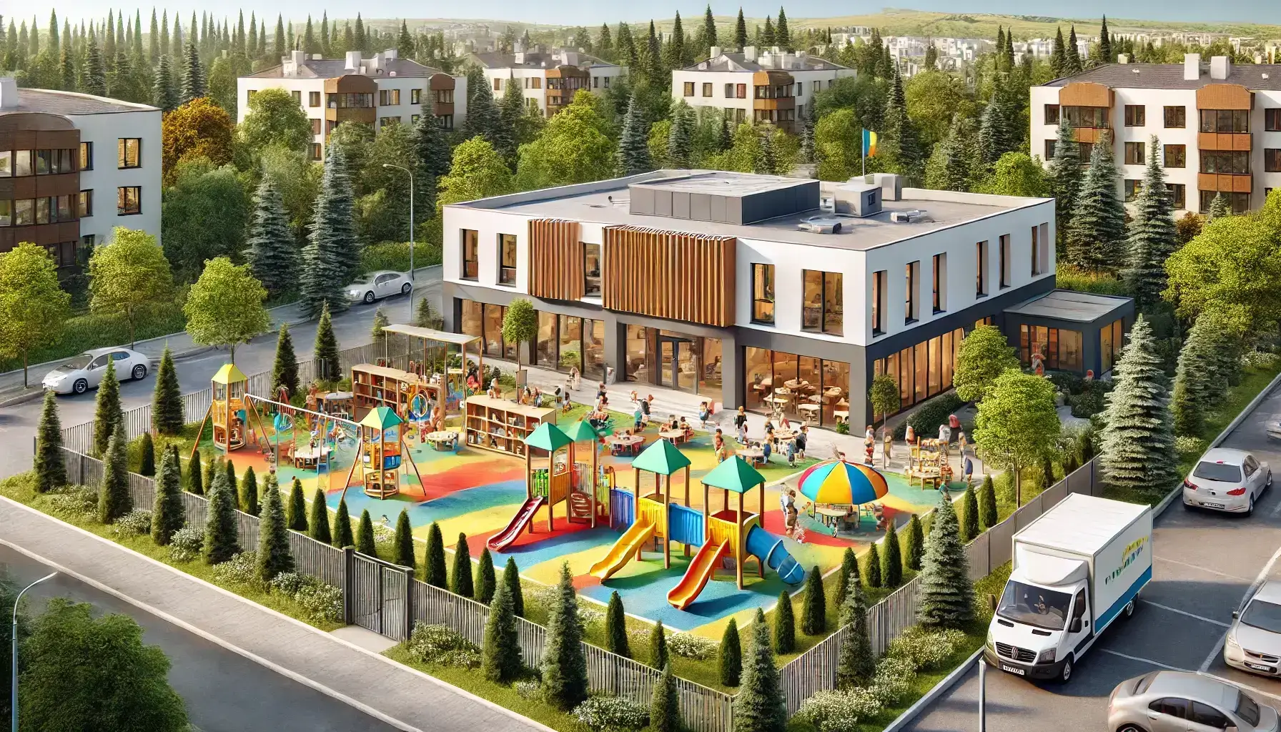 Imagine cu crese de stat Galati, aratand o curte generoasa, dotata cu echipamente de joaca viu colorate si bancute pentru relaxare. Cladirea este simpla, dar prietenoasa, iar copiii participa la activitati educative sub supravegherea atenta a educatorilor.