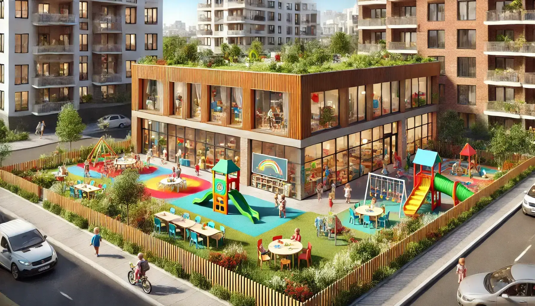 Imagine cu gradinite Sector 5 Bucuresti, arătând un loc de joacă mare, plin de culoare, cu tobogane și leagăne. Clădirea modernă are ferestre mari, iar copiii se joacă fericiți sub supravegherea educatorilor.