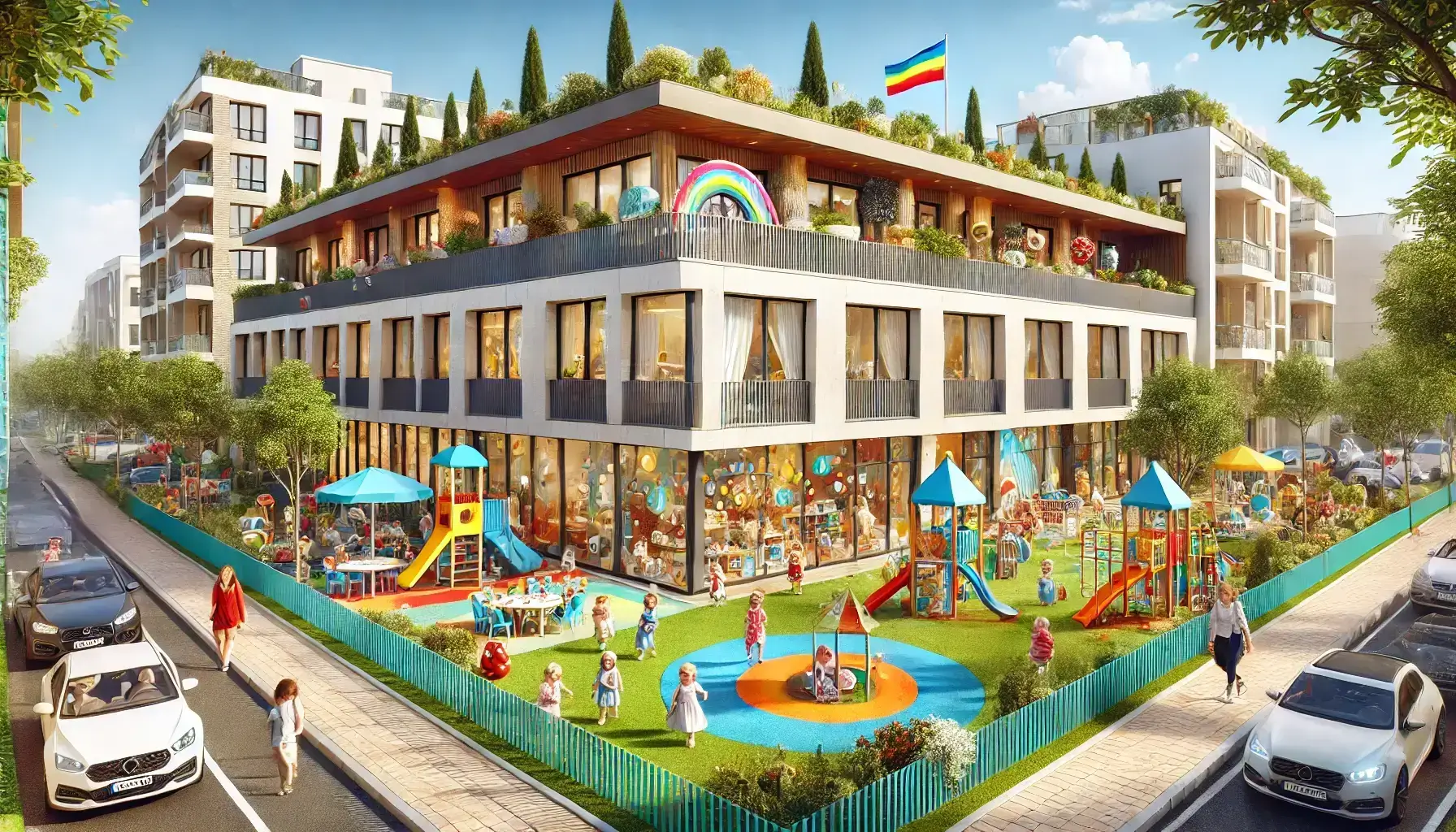 Imagine cu gradinite de stat Sector 5 Bucuresti, unde copiii participă la activități educative într-un spațiu prietenos, cu un loc de joacă exterior generos, echipat cu structuri colorate și băncuțe.