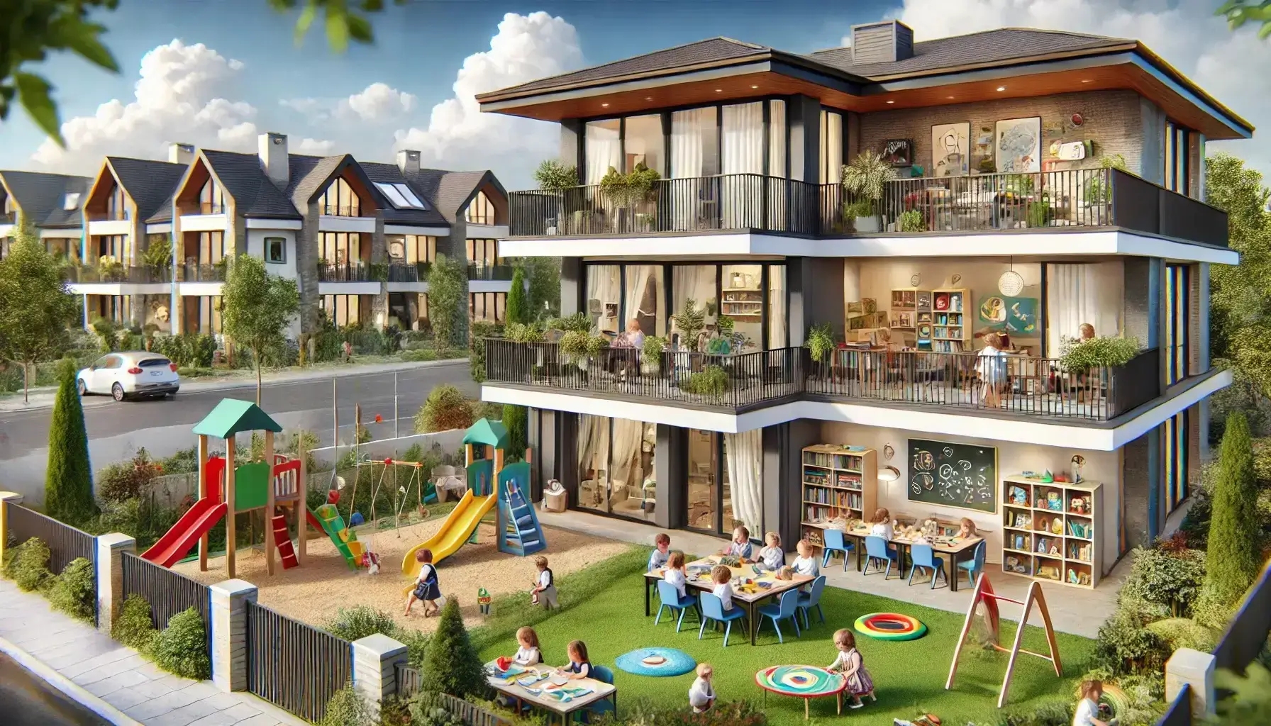 Imagine cu gradinite private Sector 5 Bucuresti, prezentând un spațiu modern cu un loc de joacă sigur, cu gazon artificial, topogane și zone de relaxare. Interiorul este decorat cu rafturi de cărți și tablouri educative.