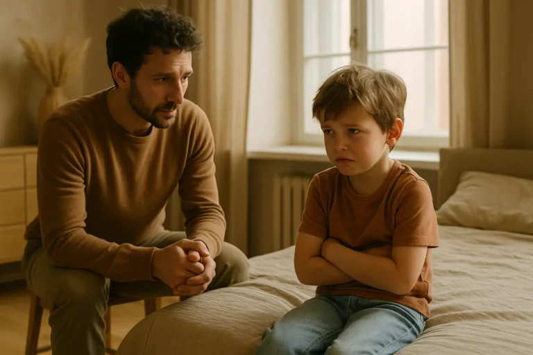 O imagine plină de sensibilitate care surprinde emoțiile copiilor în momentele de tăcere și frustrare. Privirea tatălui transmite răbdare și empatie, arătând că uneori ascultarea vindecă mai mult decât cuvintele.